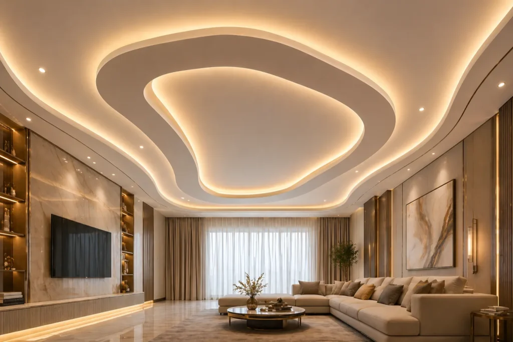 Modernus svetainės interjeras su kreiva lubomis, dideliu kampiniu sofa