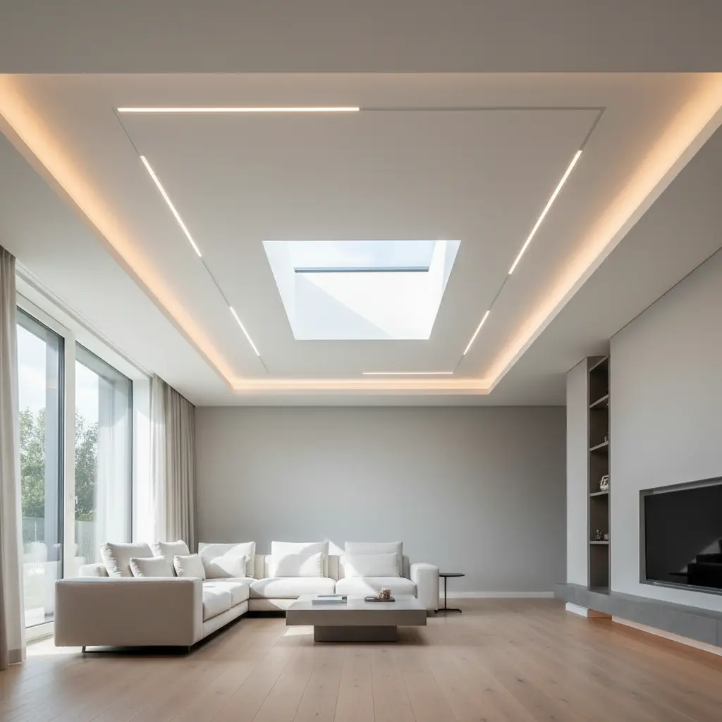 Moderni svetainė su LED apšvietimu lubose