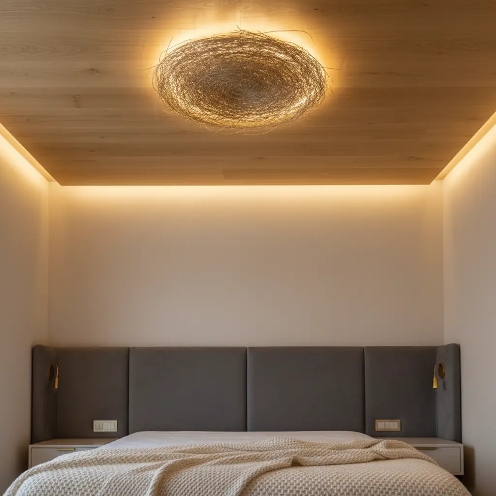 Jaukus miegamojo apšvietimas su LED lubose