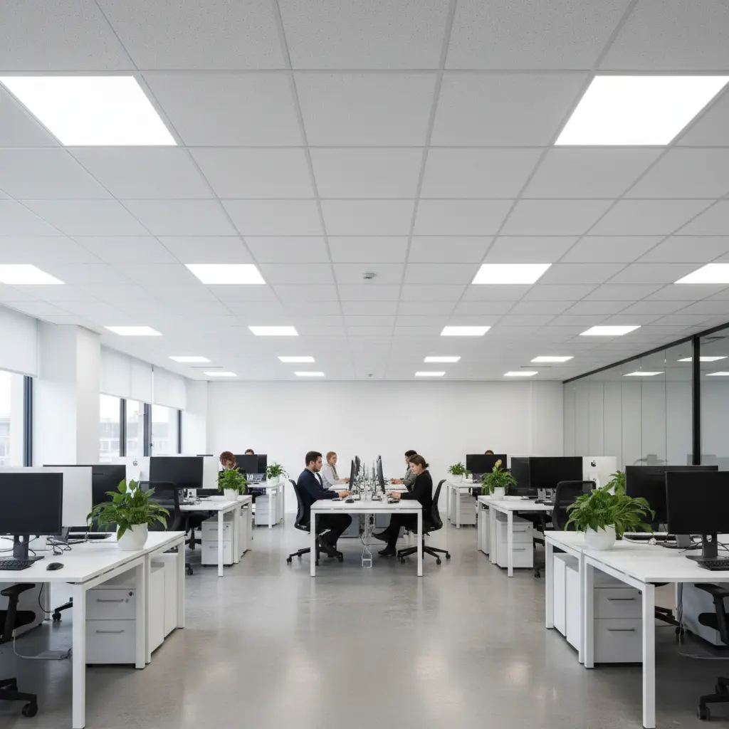 Profesionalus biuro apšvietimas su LED lubose