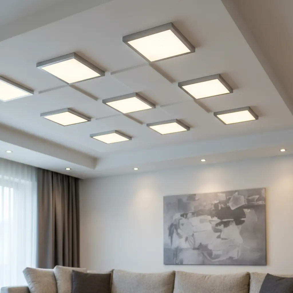LED apšvietimas lubose svetainėje