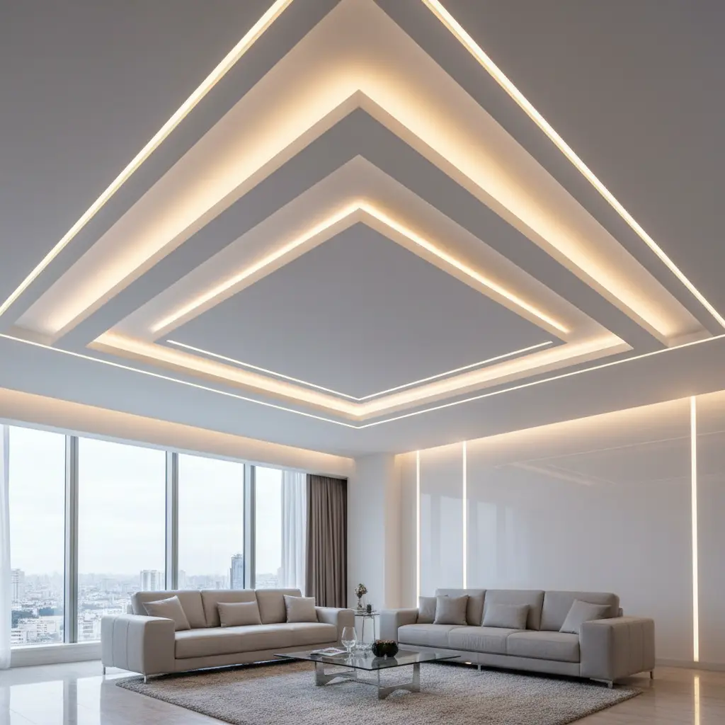 LED apšvietimas lubose moderniame gyvenamajame kambaryje