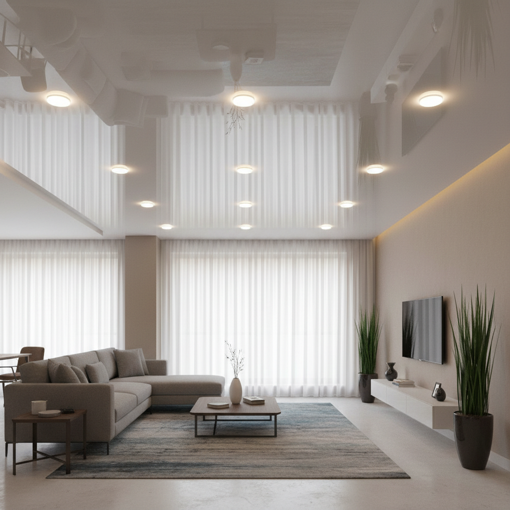 Baigtos itemptos lubos su įmontuotu LED apšvietimu moderniame kambaryje