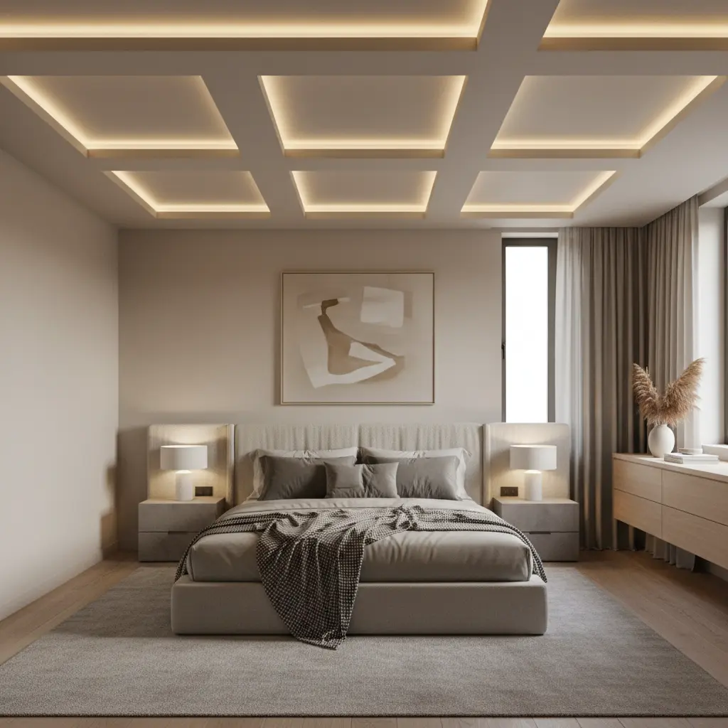 Geometrinis lubų modelis minimalistiniame miegamajame