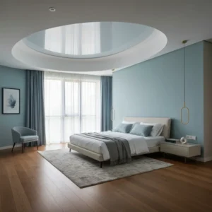 Modernios įtempiamos lubos miegamajam su šviesa ir elegancija