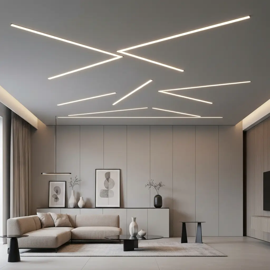 Modernus lubų apšvietimas minimalistiniame interjere