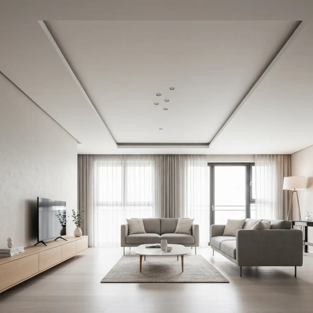 Minimalistinis lubų dizainas moderniame gyvenamajame kambaryje