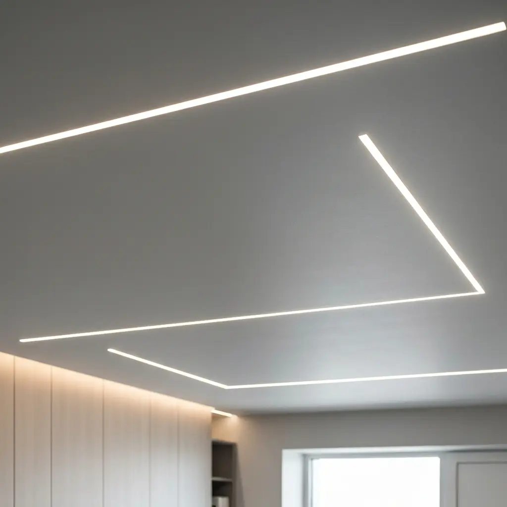 Minimalistinės lubos su integruotais LED apšvietimais