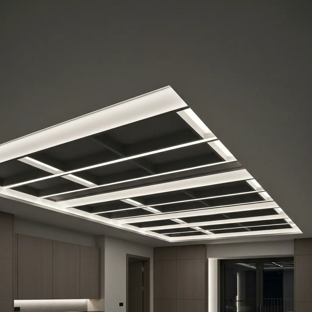 Lubų dizainas su moderniu LED apšvietimu namuose
